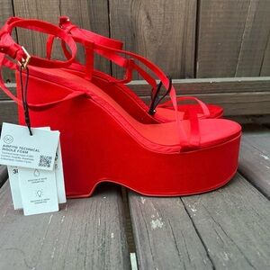 Zara Red Platform Wedge Sandals with Ankle Strap